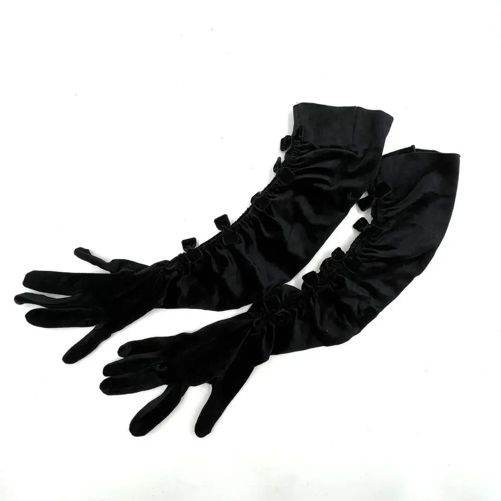 Cornelia James Stretch Velvet Long Black Gloves Bow Details Vintage Dollette